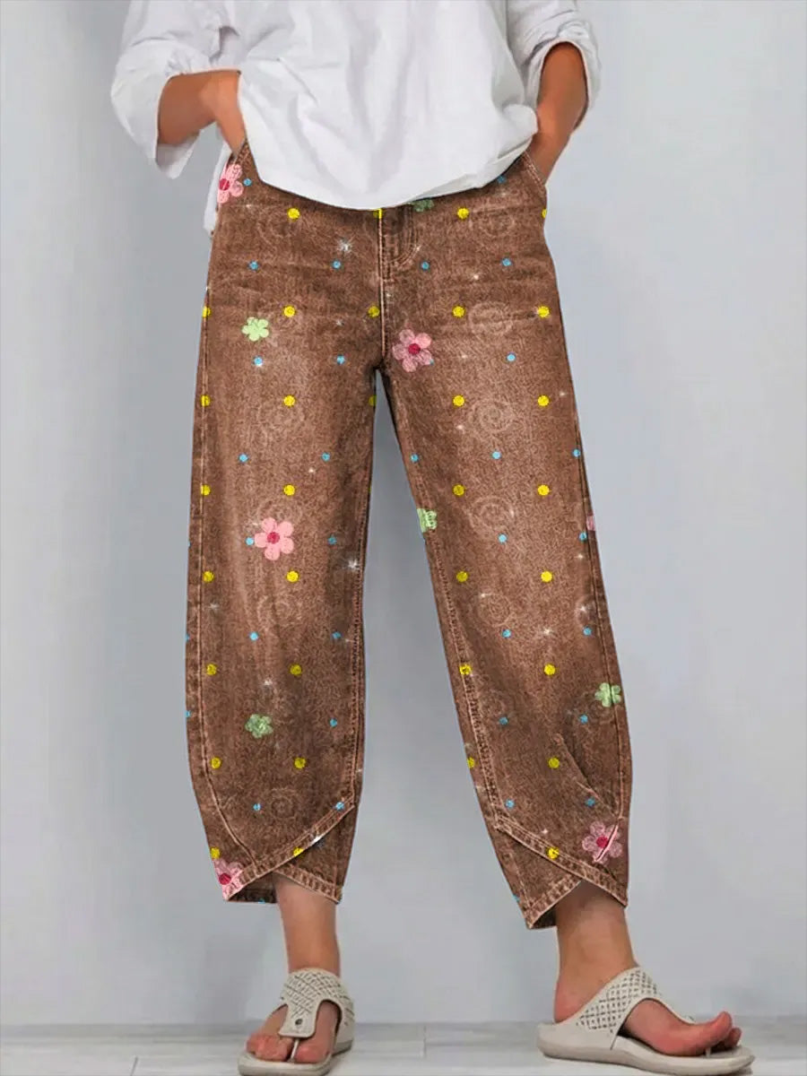 Women's Retro Floral Style Print Casual Style Wide Leg Pants